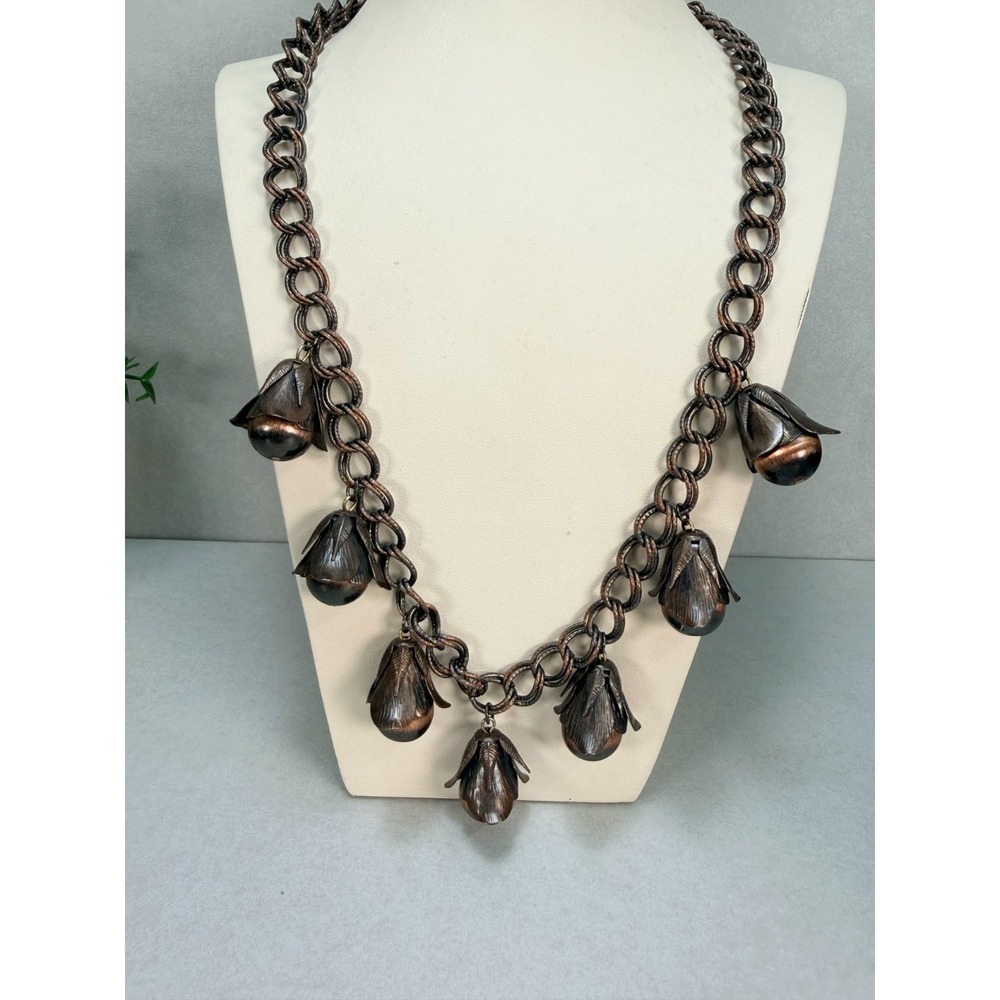 Vintage Copper Rose Bud Charm Necklace Floral Statement Brutalist Unsigned MCM